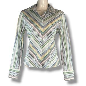 Office Siren 90's Striped Button Down Long Sleeve Collared Blue Blouse Size 8P